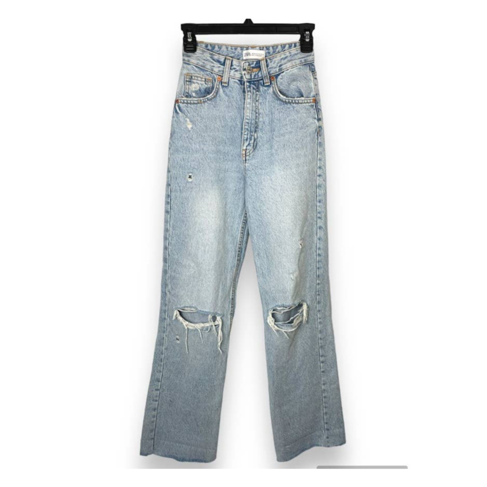 Zara Light Blue Distressed Wide Leg Jeans